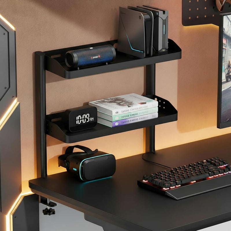 DEARPER Clamp on Desk Shelf, 2-Tier Office Desk Shelves Organizer, 17in Small Shelf for Top of Desk with Headphone Holder and Hooks, Desktop Storage Rack for Home Workspace, Study Rooms, Gaming Accessories - Image 5